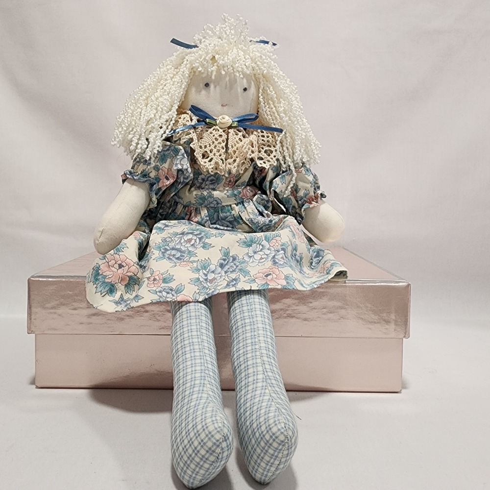 Vintage Handmade‎ Rag Doll Floral Dress Gingham Legs 14" Primitive 1988